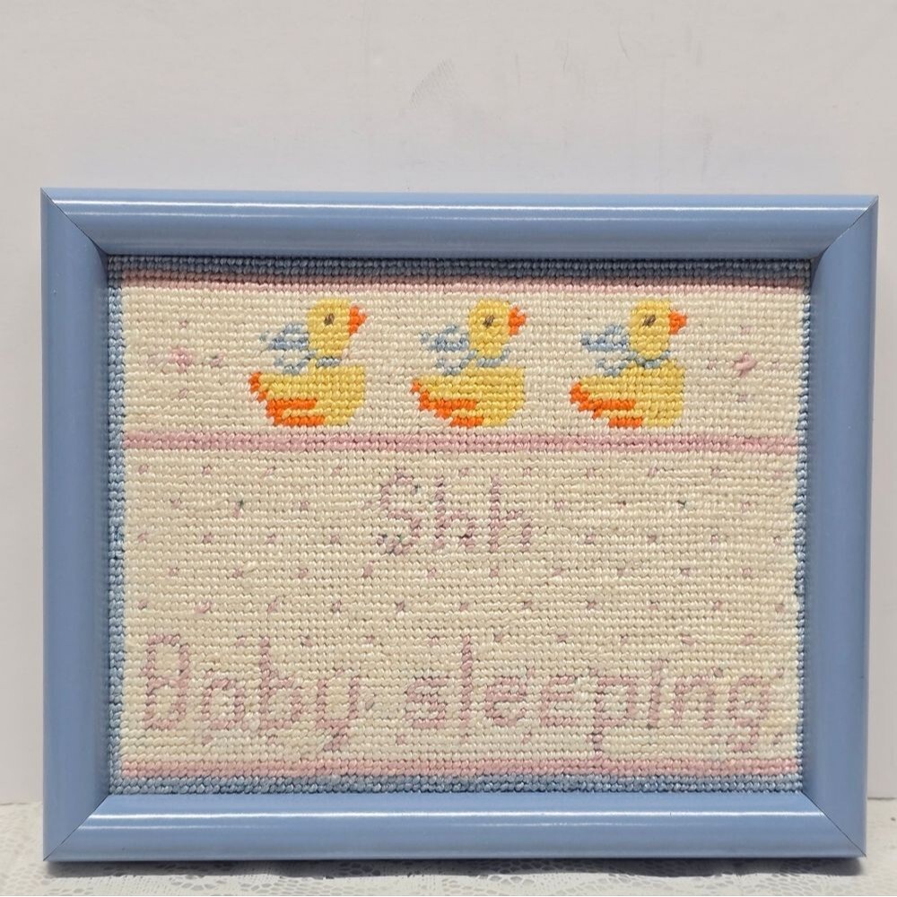 Vintage 1970s Shh Baby Sleeping Yellow Ducks Needlpoint Framed Embroidery Art